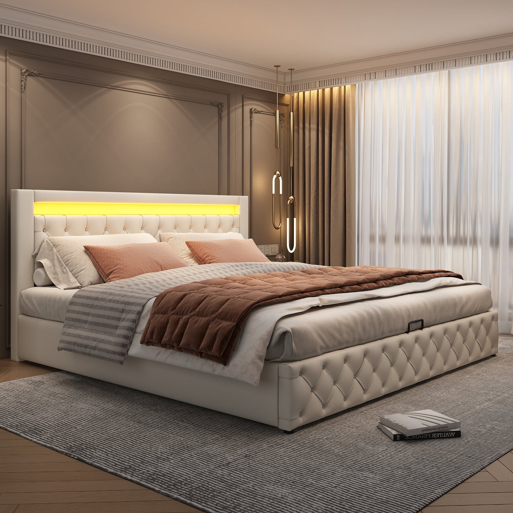 Upholstered Bed 180x200cm Functional Storage LED Slatted Frame - White PU