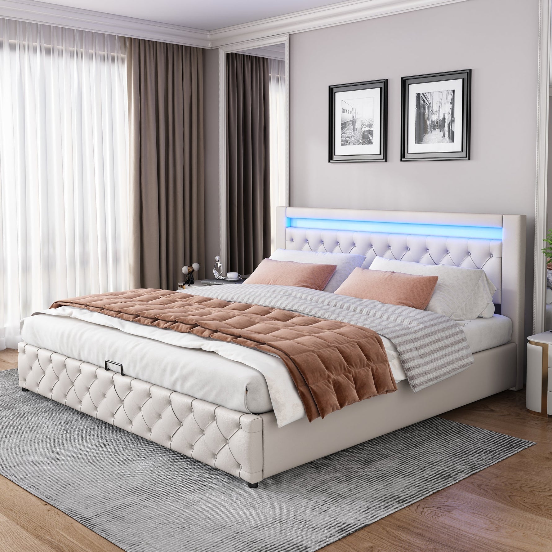 Upholstered Bed 180x200cm Functional Storage LED Slatted Frame - White PU