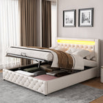 Upholstered Bed 140x200cm Functional Storage LED - White PU