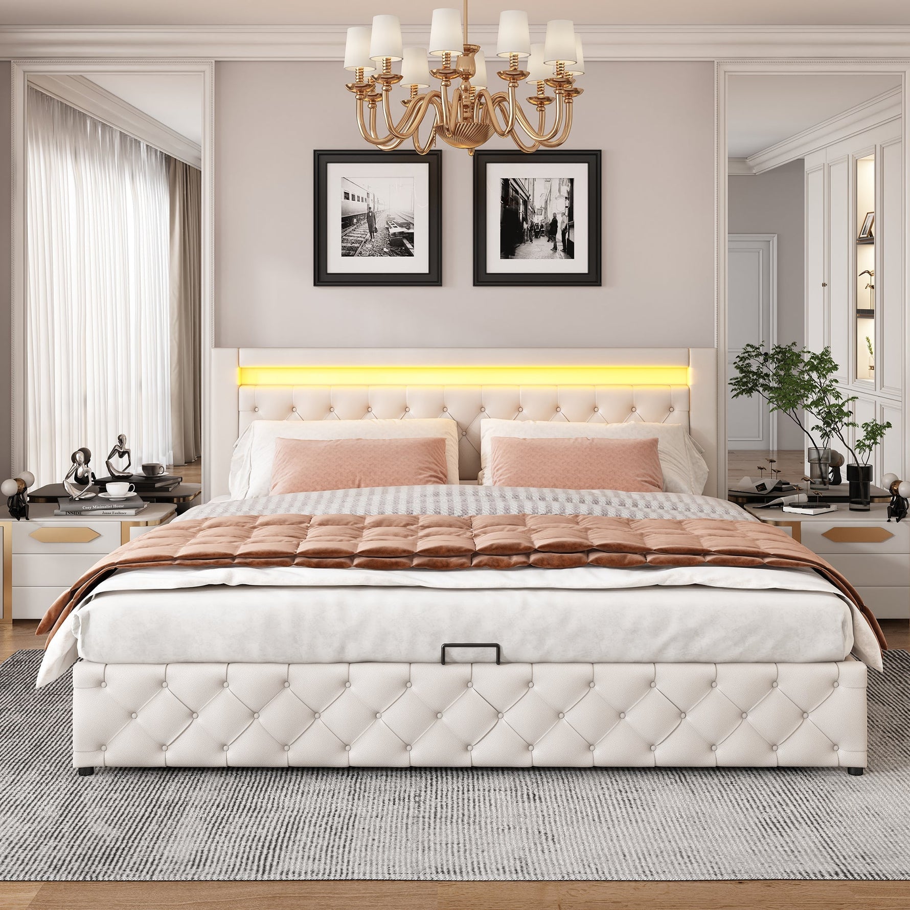 Upholstered Bed 180x200cm Functional Storage LED Slatted Frame - White PU
