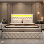 Upholstered Bed 140x200cm Functional Storage LED - White PU