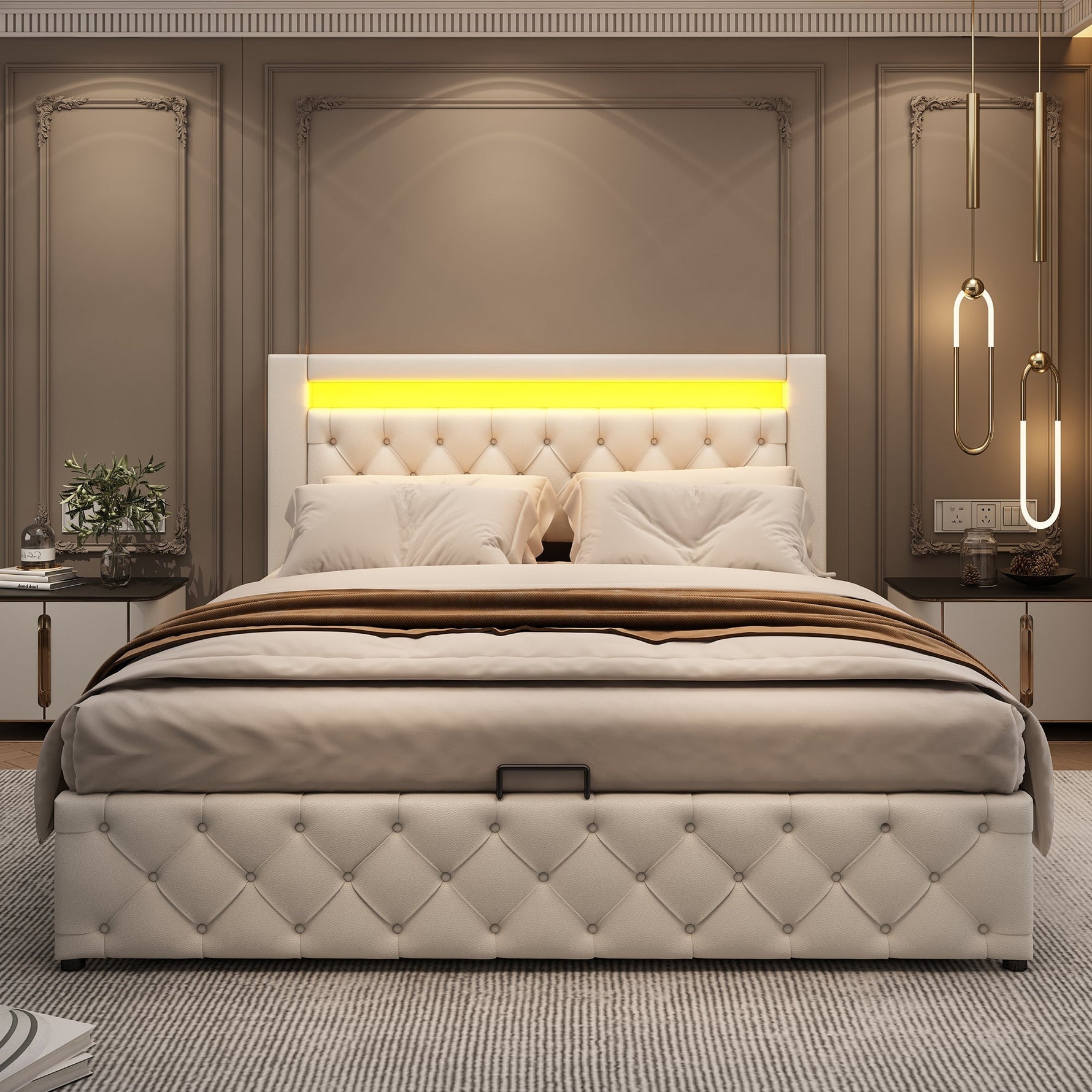 Upholstered Bed 140x200cm Functional Storage LED - White PU