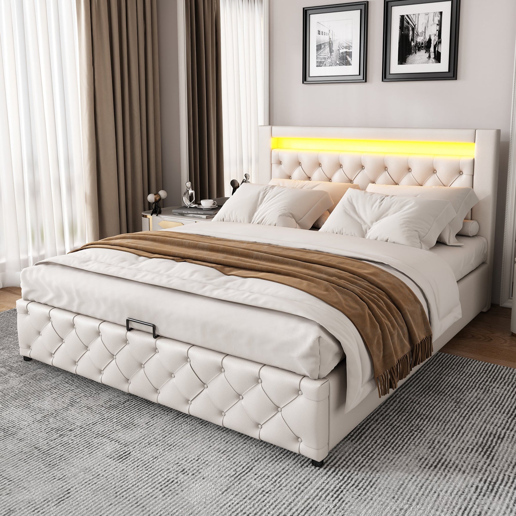 Upholstered Bed 140x200cm Functional Storage LED - White PU