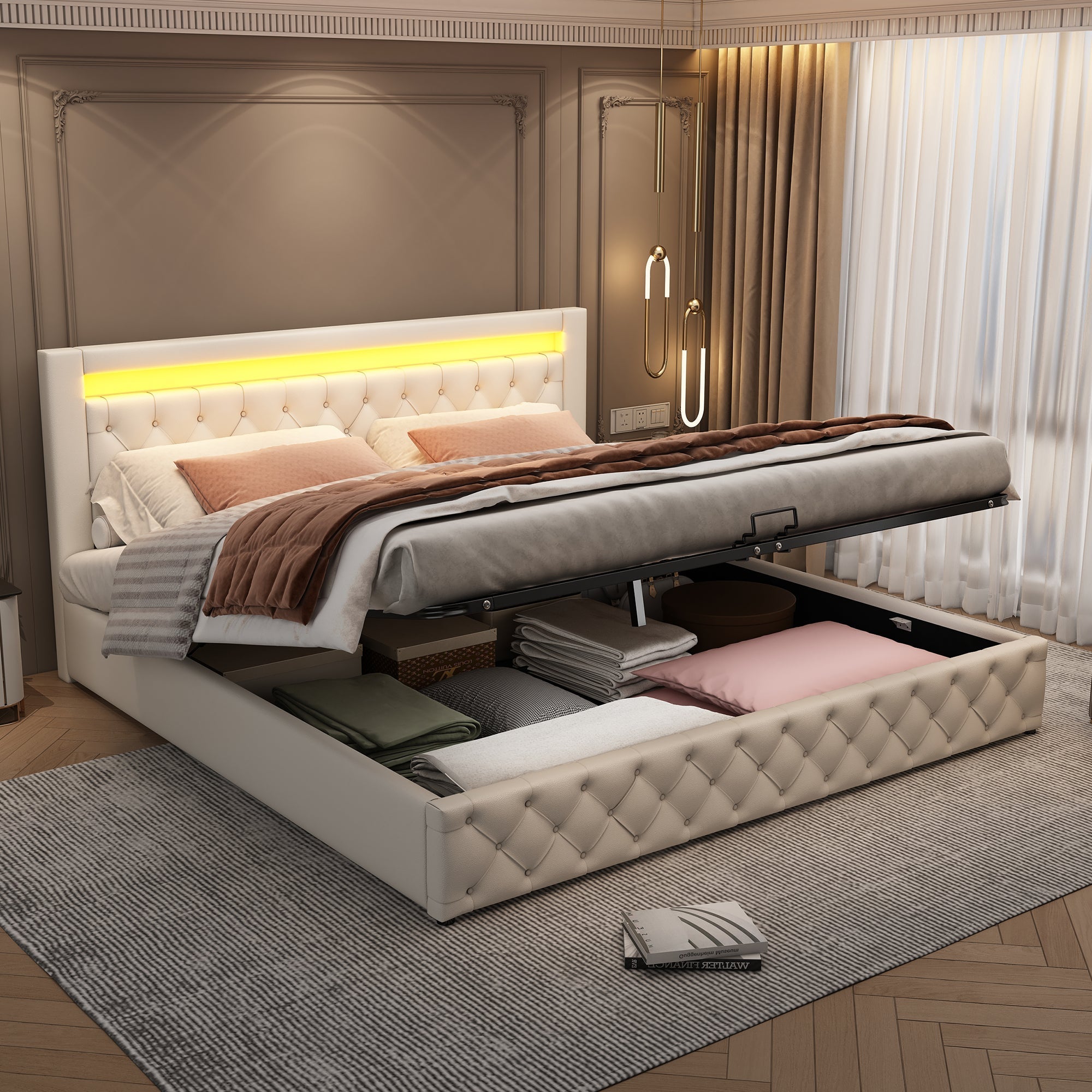 Upholstered Bed 180x200cm Functional Storage LED Slatted Frame - White PU