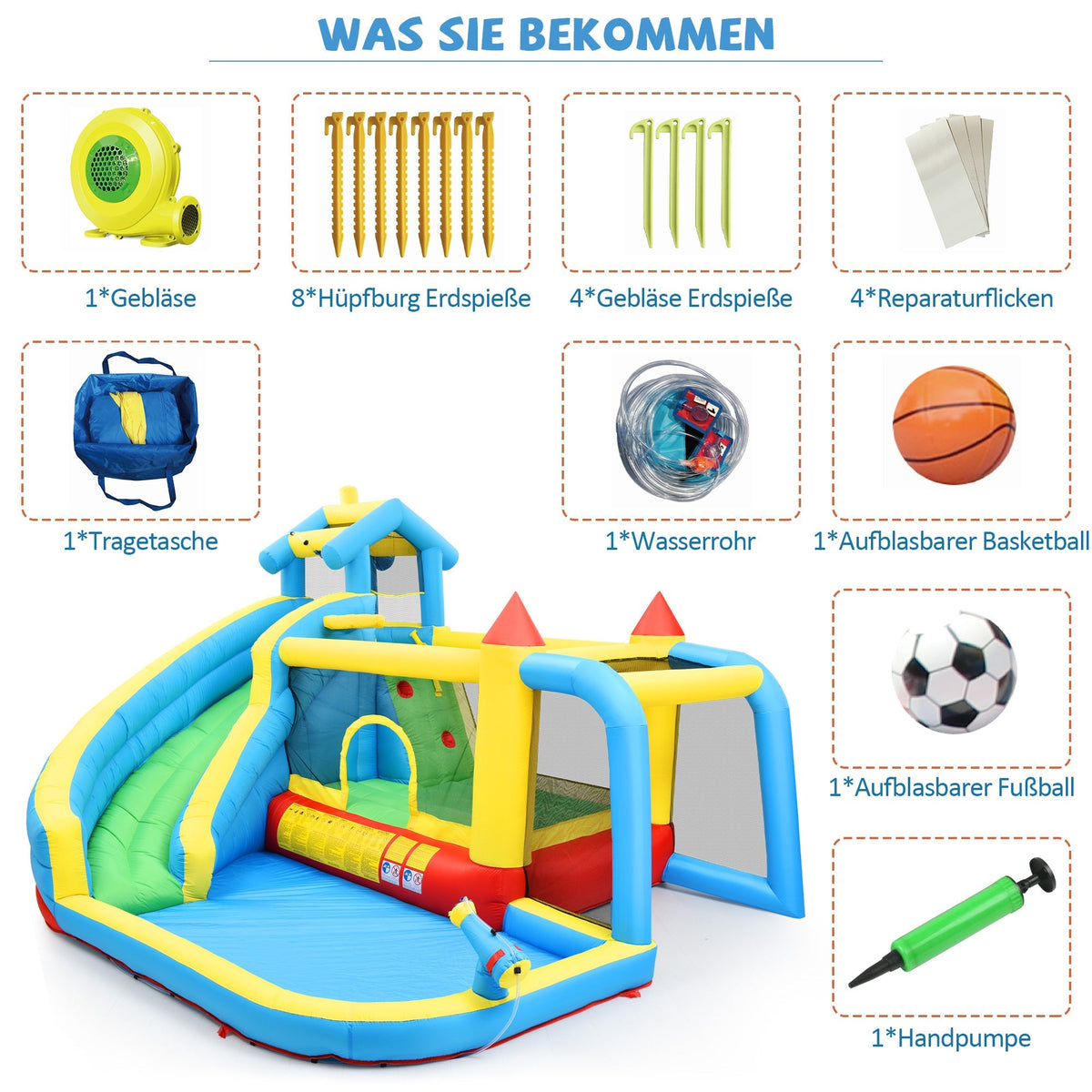 Children's Bouncy Castle, 5 in 1 inflatable outdoor castle with slide, jumping area, water pool, football net
