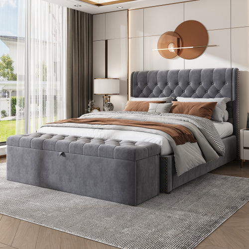 Upholstered Bed 140x200cm Hydraulic Storage with Upholstered Bench - Velvet Grey