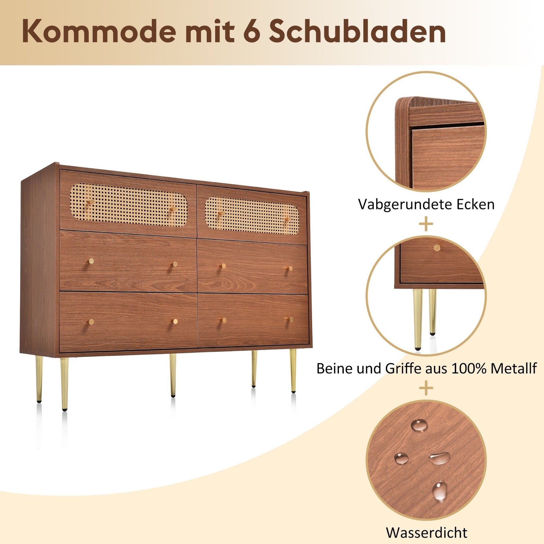 Chest of Drawers, 6 Drawer Rattan Sideboard, Walnut