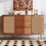 Chest of Drawers, 2 Doors, 3 Drawers, Rattan, Adjustable Shelf, Walnut