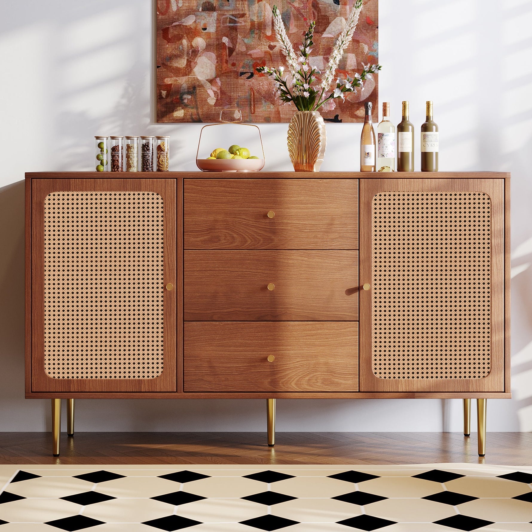 Chest of Drawers, 2 Doors, 3 Drawers, Rattan, Adjustable Shelf, Walnut