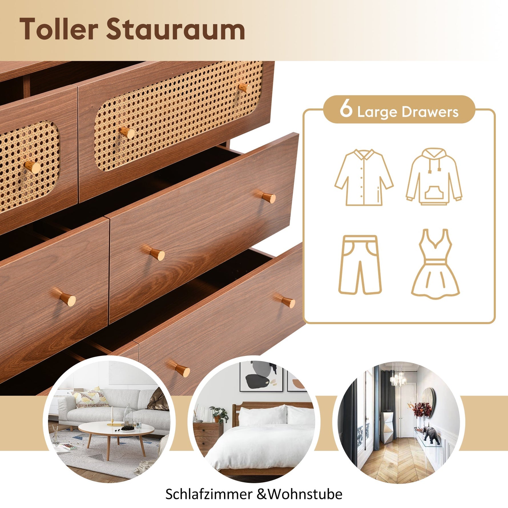 Chest of Drawers, 6 Drawer Rattan Sideboard, Walnut