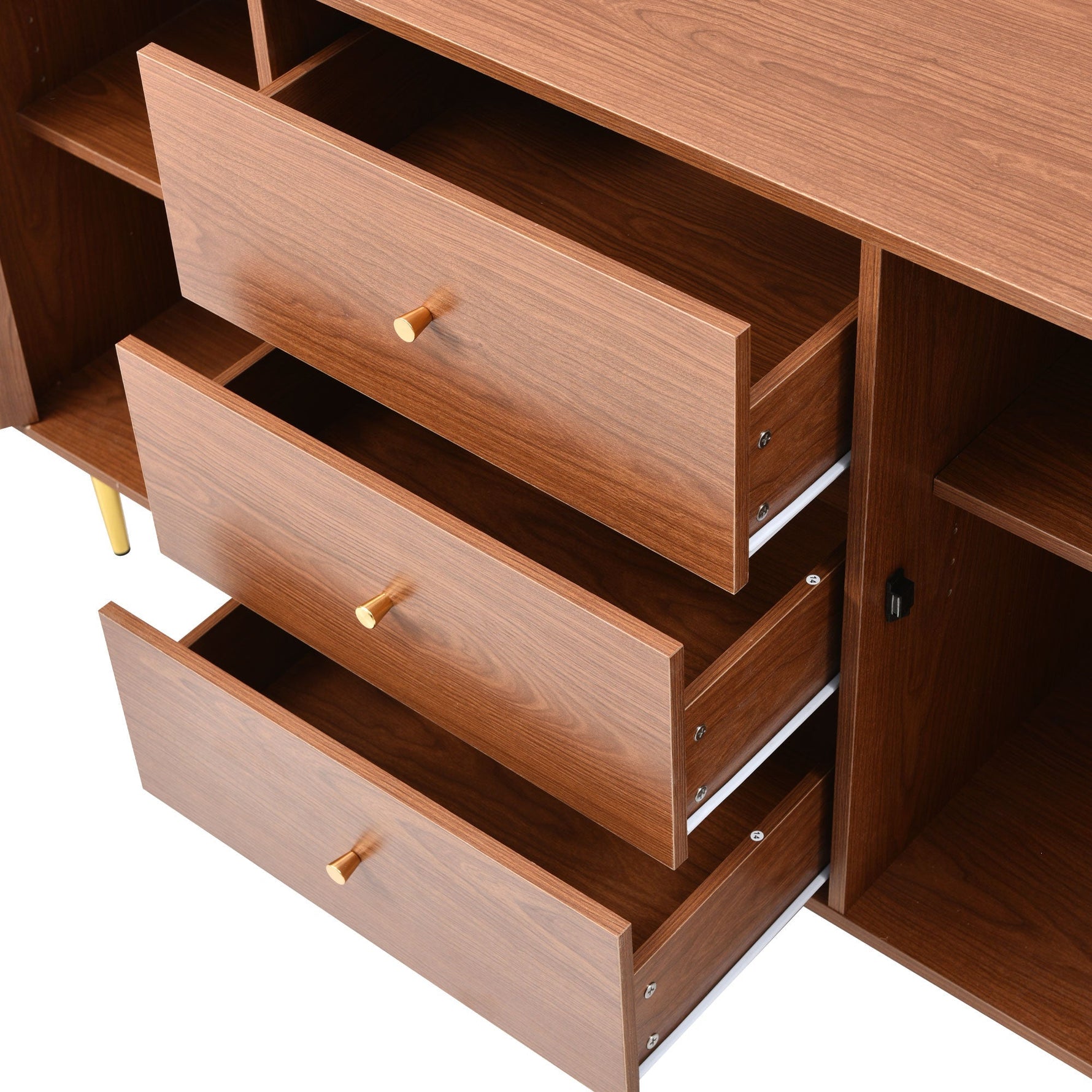 Chest of Drawers, 2 Doors, 3 Drawers, Rattan, Adjustable Shelf, Walnut
