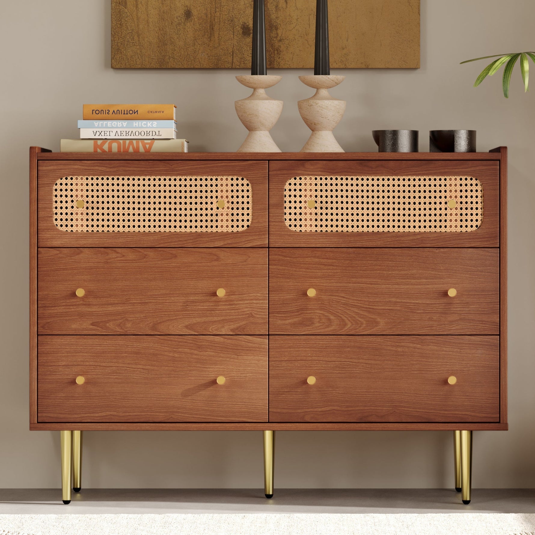 Chest of Drawers, 6 Drawer Rattan Sideboard, Walnut