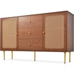 Chest of Drawers, 2 Doors, 3 Drawers, Rattan, Adjustable Shelf, Walnut