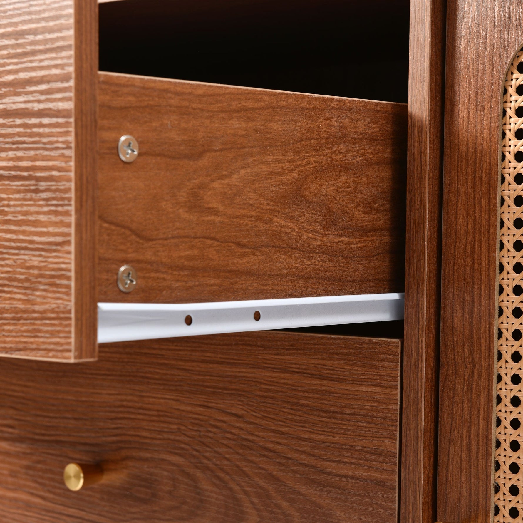Chest of Drawers, 2 Doors, 3 Drawers, Rattan, Adjustable Shelf, Walnut