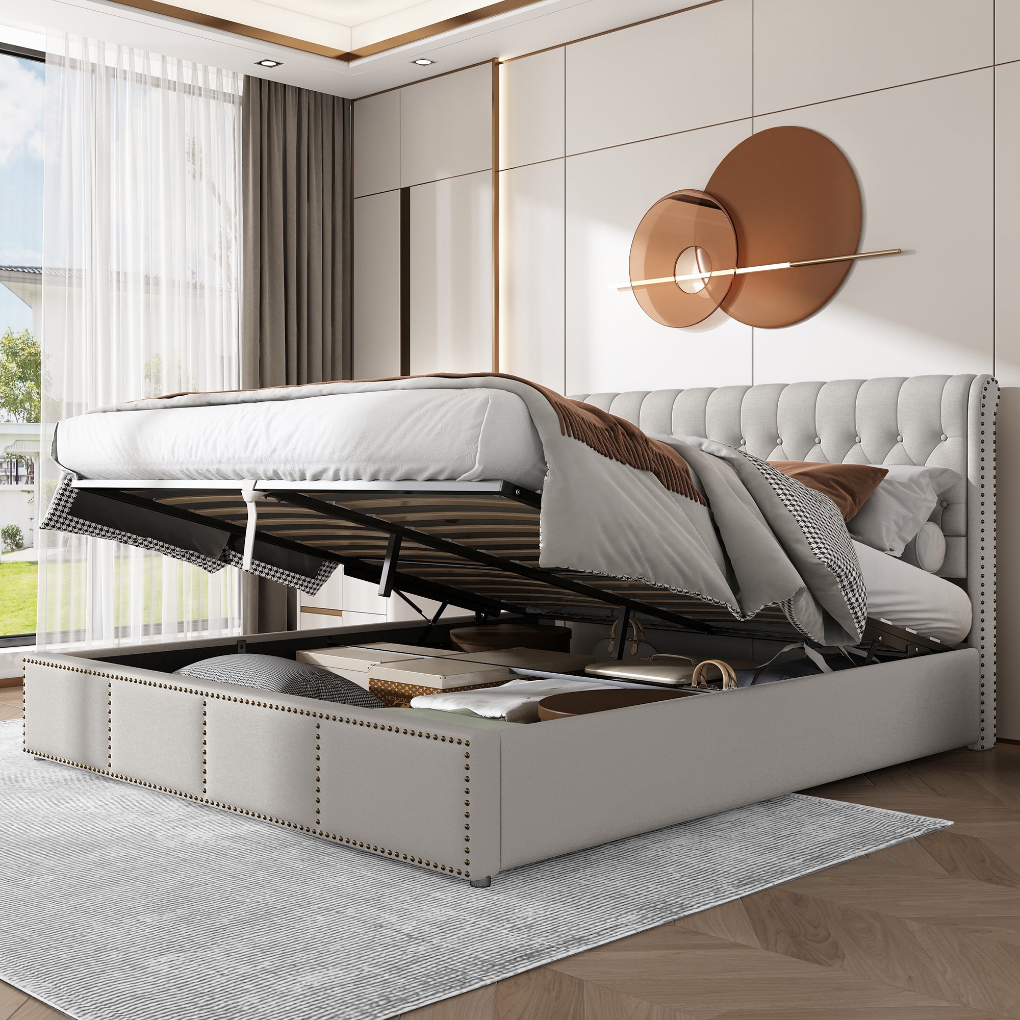 Upholstered Bed 180x200cm Hydraulic Storage Studded - Cotton-Linen Light Grey