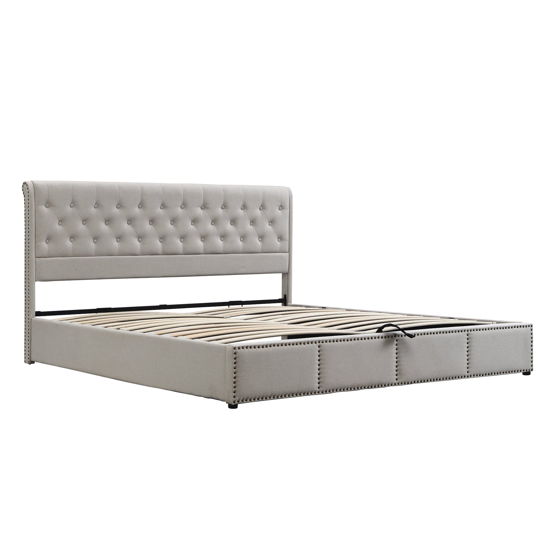 Upholstered Bed 180x200cm Hydraulic Storage Studded - Cotton-Linen Light Grey