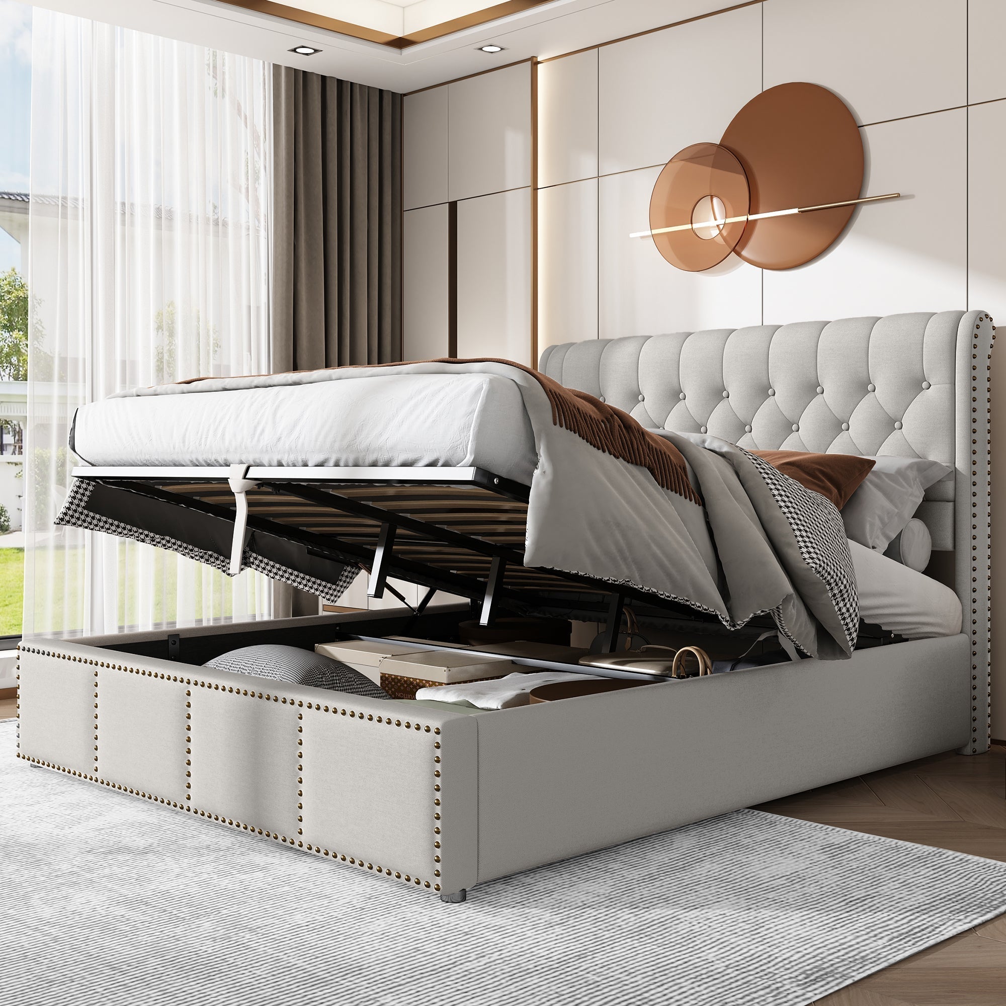 Upholstered Bed 140x190cm Hydraulic Storage Studded - Cotton-Linen