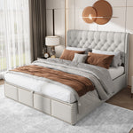 Upholstered Bed 140x190cm Hydraulic Storage Studded - Cotton-Linen