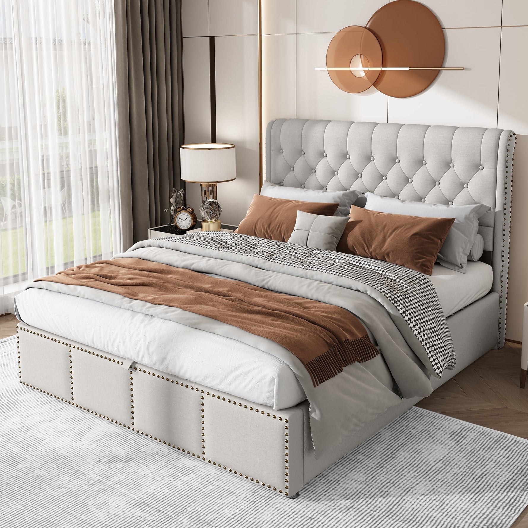 Upholstered Bed 140x190cm Hydraulic Storage Studded - Cotton-Linen