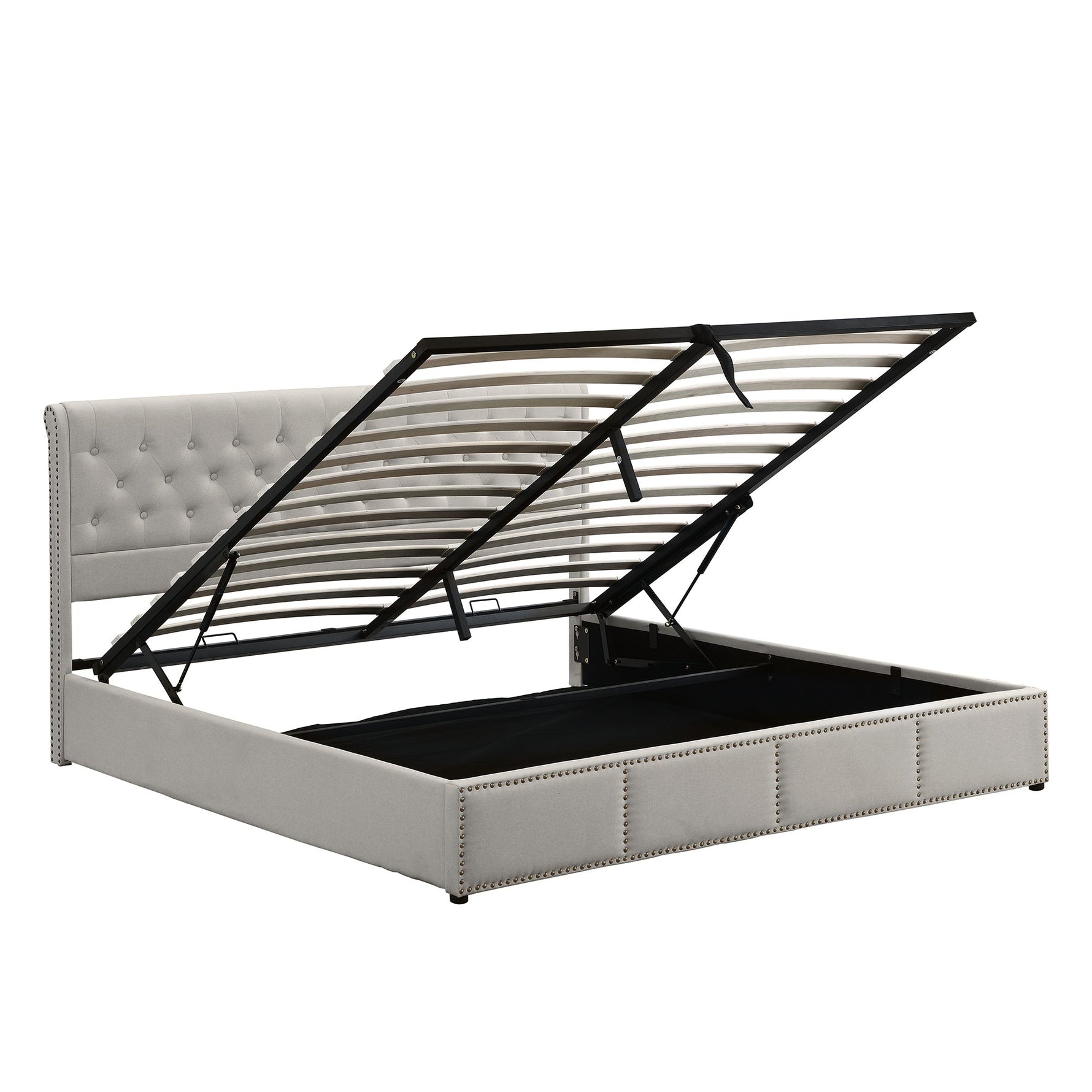 Upholstered Bed 180x200cm Hydraulic Storage Studded - Cotton-Linen Light Grey
