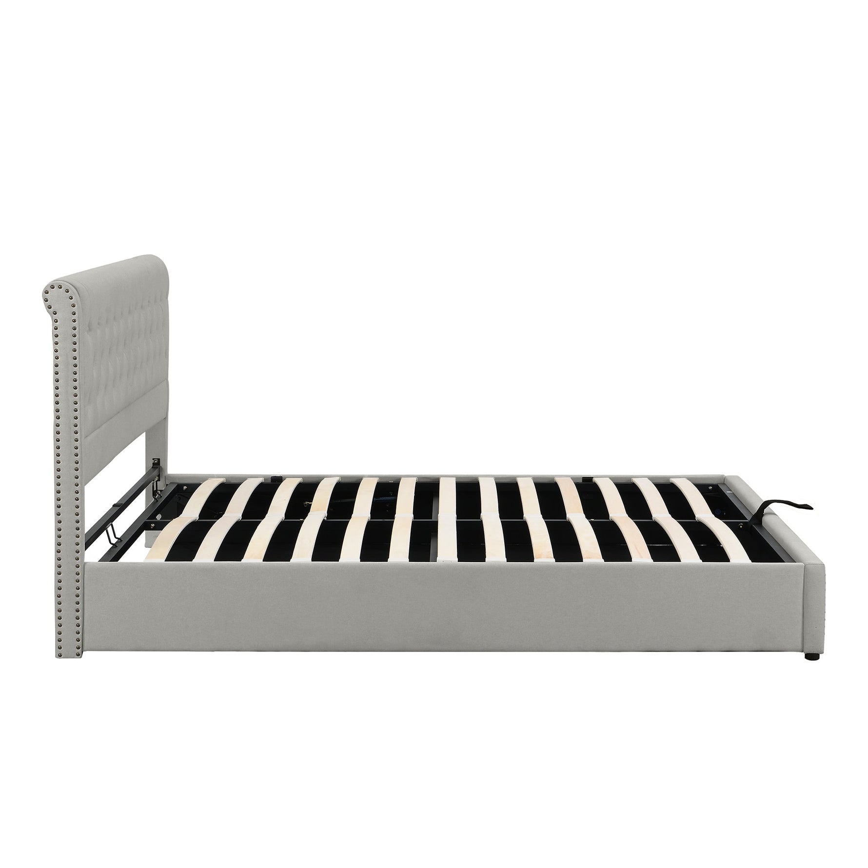 Upholstered Bed 180x200cm Hydraulic Storage Studded - Cotton-Linen Light Grey