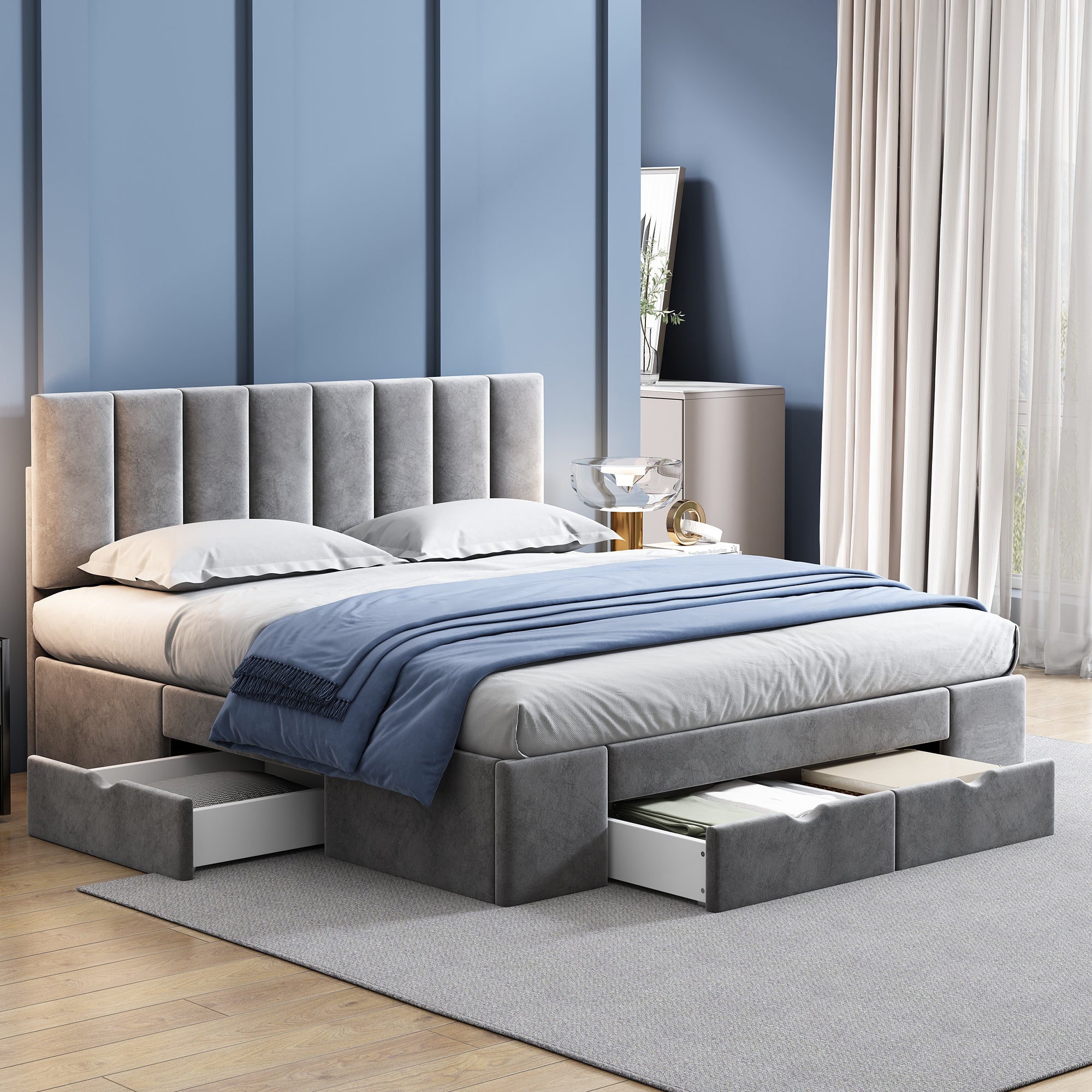 Upholstered Bed 160 x 200 cm with Slatted Base and 4 Storage Drawers, Grey Velvet