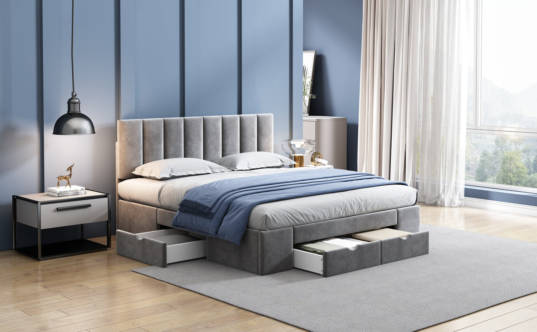 Upholstered Bed 160 x 200 cm with Slatted Base and 4 Storage Drawers, Grey Velvet