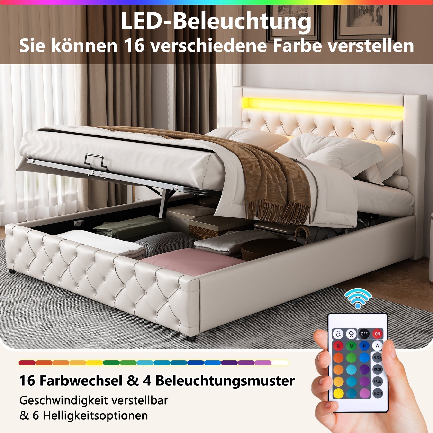 Upholstered Bed 140x200cm Functional Storage LED - White PU