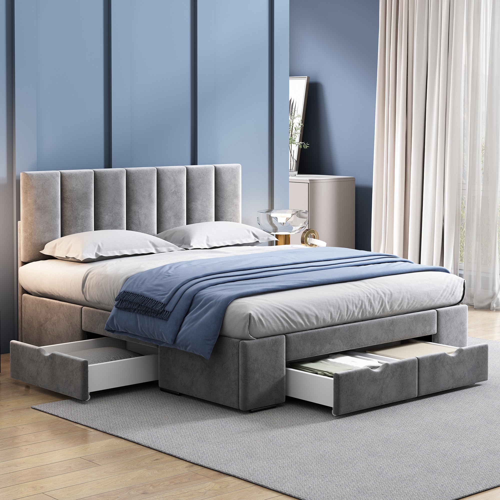 Upholstered Bed 140x200 Slatted Frame Backrest & 4 Drawers - Velvet Grey
