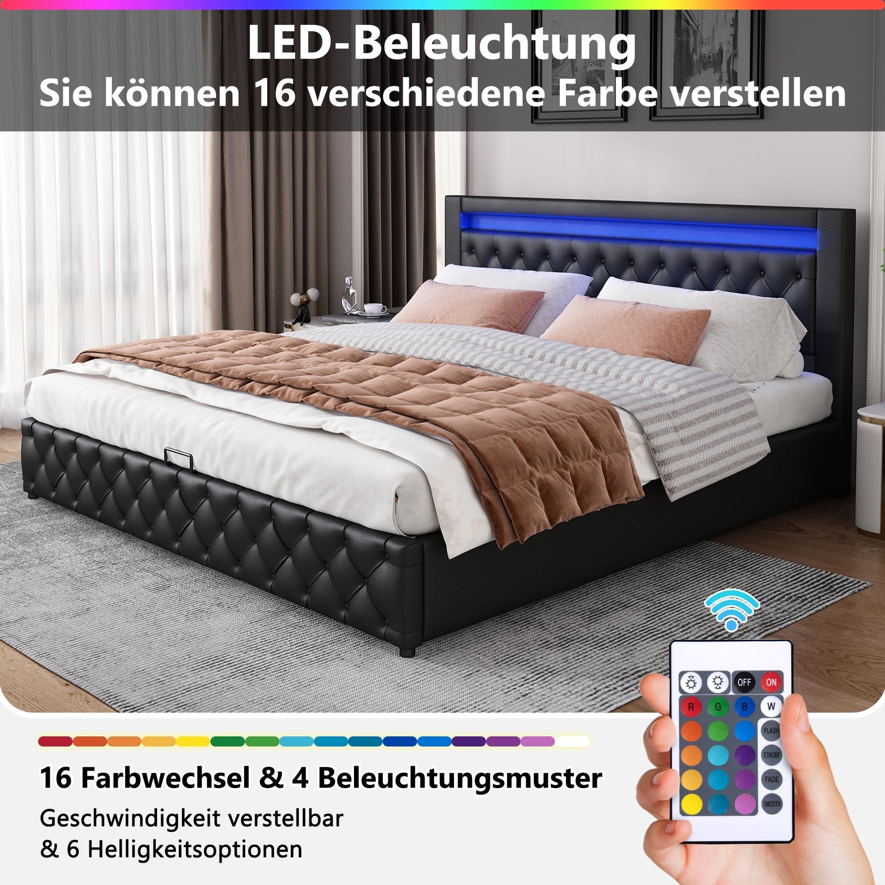 Upholstered Bed 180x200cm Functional Storage LED Slatted Frame - Black PU