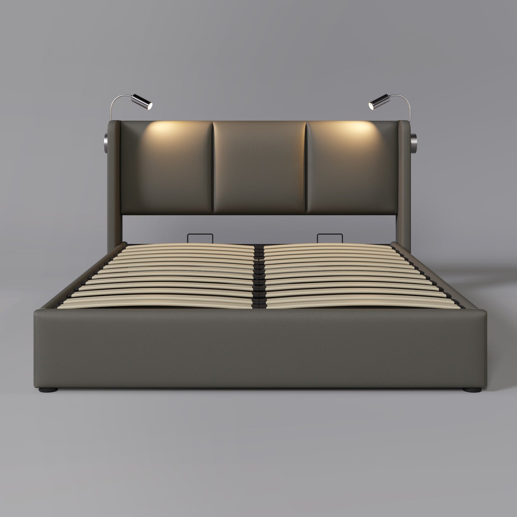 Upholstered Double Bed 140x200 Storage, USB Light, Slatted Base, PU