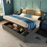 Upholstered Double Bed 140x200 Storage USB Headboard with Slatted Base, PU