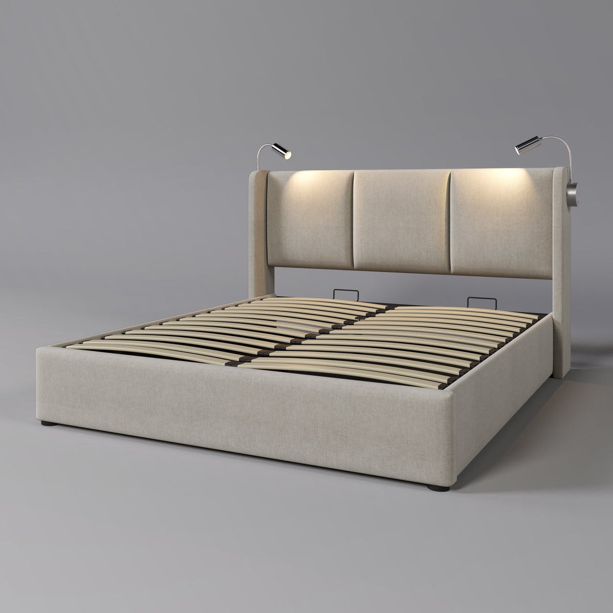 Upholstered Double Bed 160x200 Storage, USB Reading Light Headboard, Linen Material