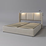 Upholstered Double Bed, 140x200 Storage USB Reading Light, Linen Material