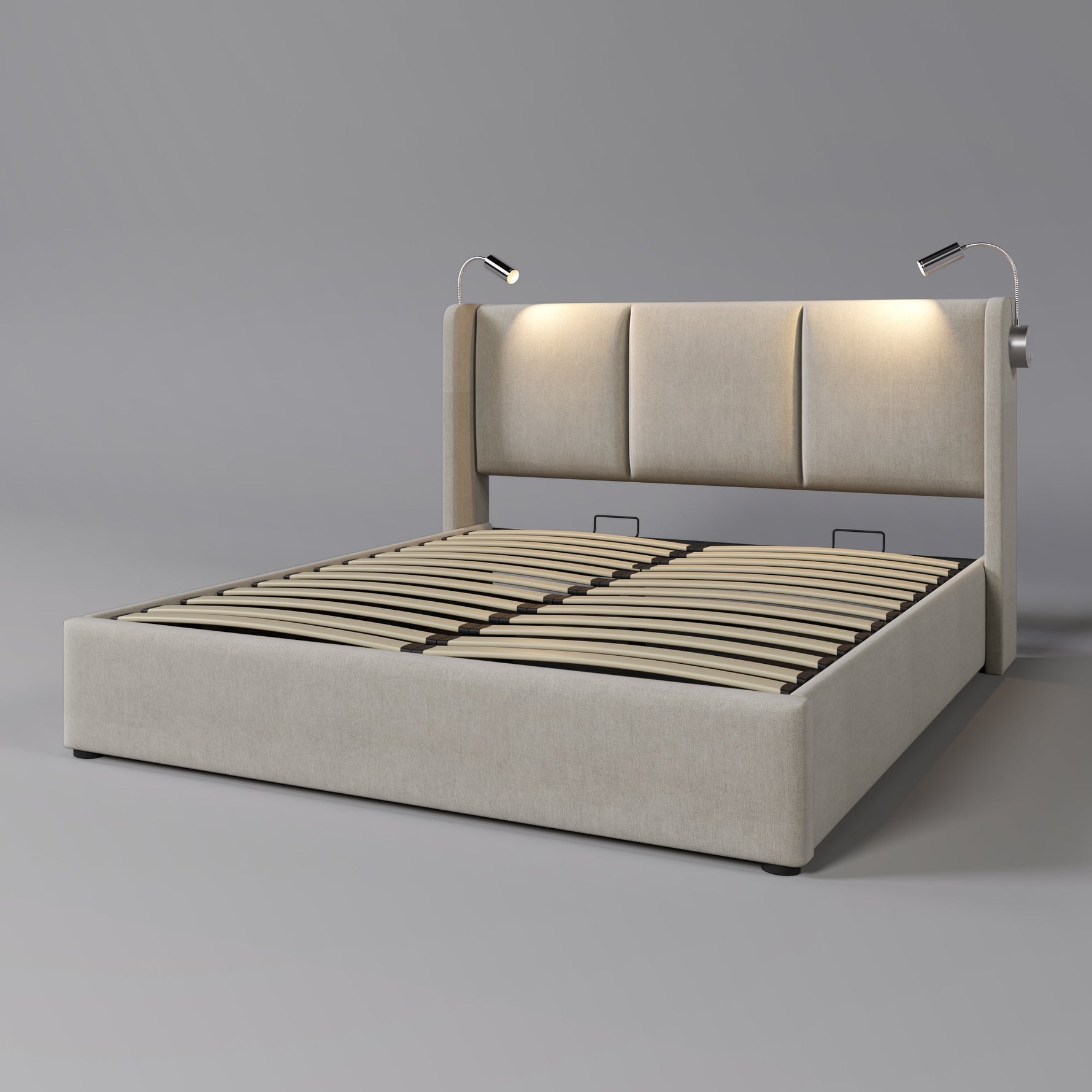 Upholstered Double Bed, 140x200 Storage USB Reading Light, Linen Material