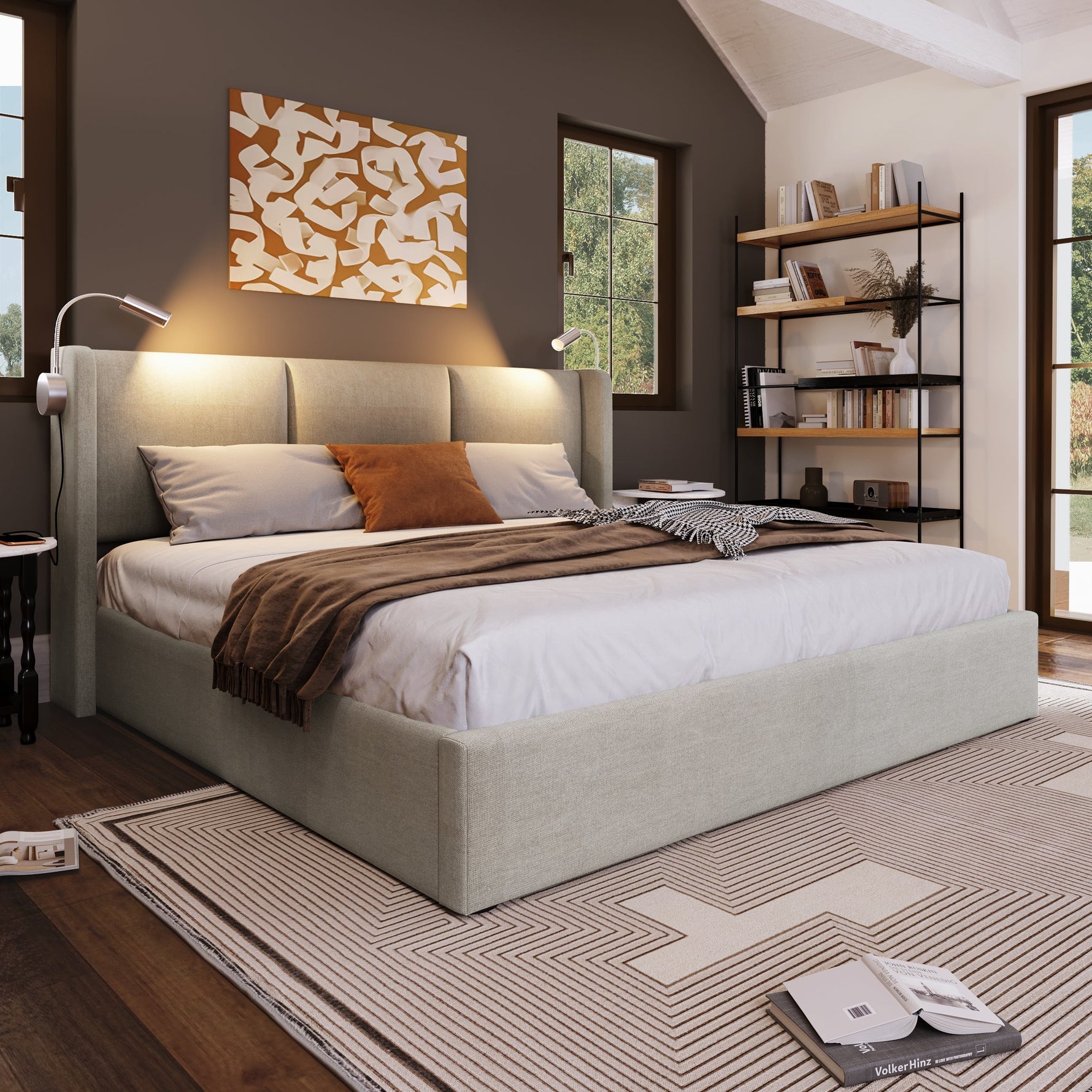 Upholstered Double Bed, 140x200 Storage USB Reading Light, Linen Material