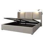 Upholstered Bed 140x200 Storage USB Reading Light, Linen Fabric