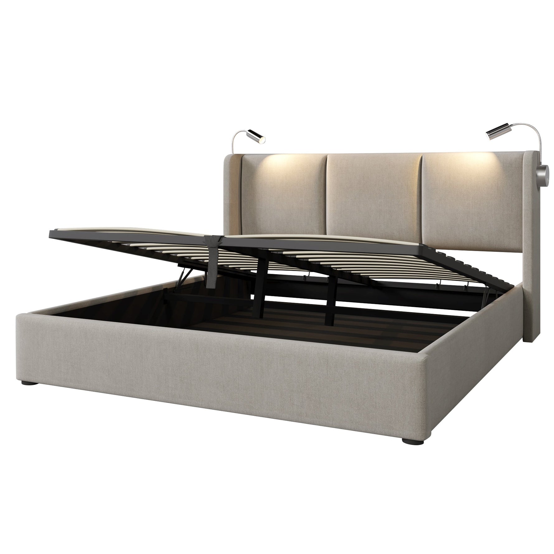 Upholstered Bed 140x200 Storage USB Reading Light, Linen Fabric