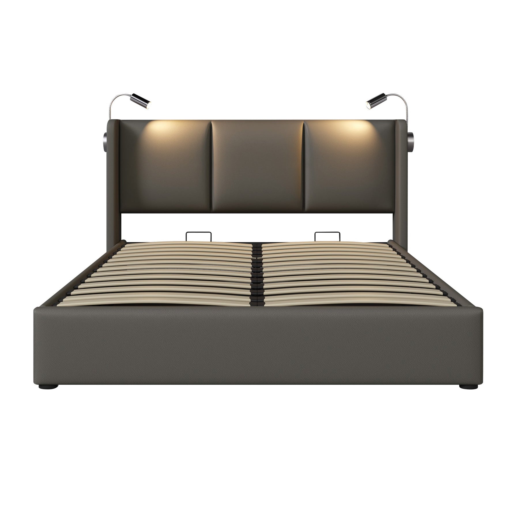 Upholstered Double Bed 140x200 Storage USB Headboard with Slatted Base, PU