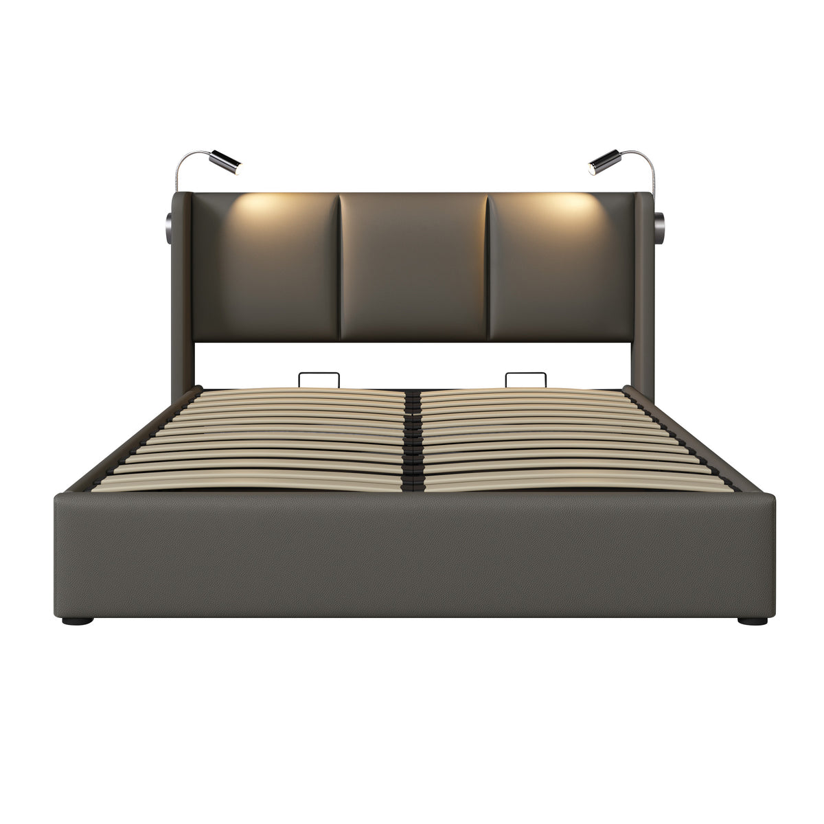Upholstered Bed 180x200cm with Storage & LED Light, Grey PU Leather