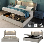 Upholstered Bed 140x200 Storage USB Reading Light, Linen Fabric