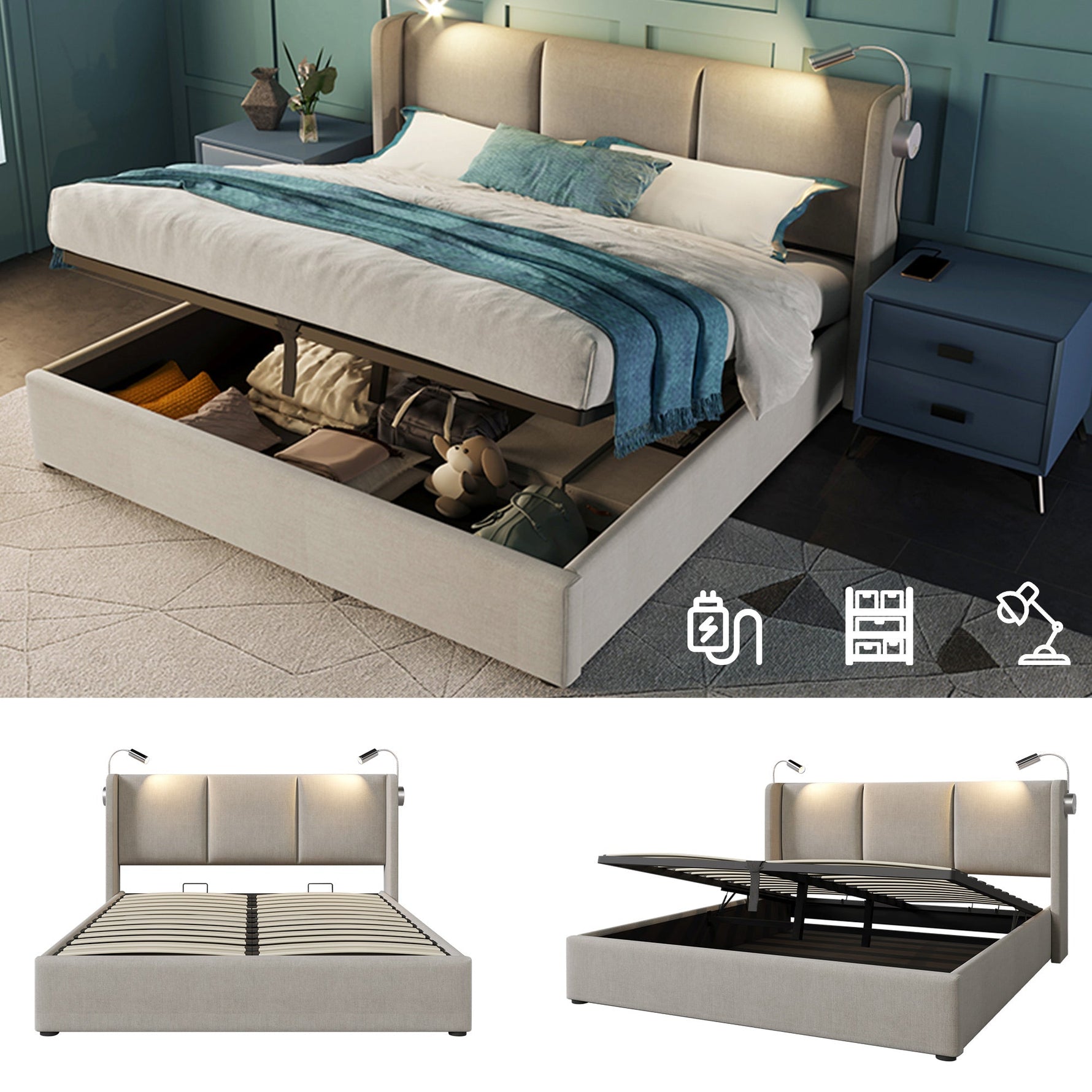 Upholstered Bed 140x200 Storage USB Reading Light, Linen Fabric