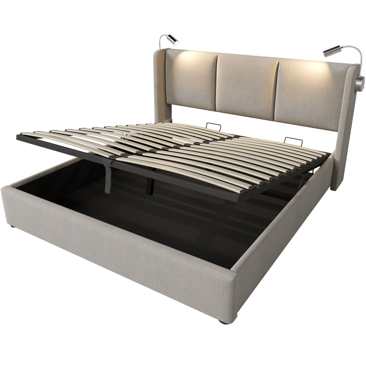 Upholstered Double Bed 160x200 Storage USB Reading Light Linen