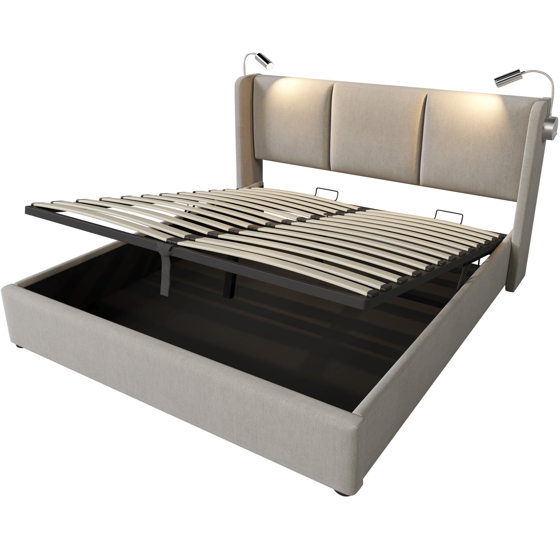 Upholstered Bed 140x200 Storage USB Reading Light, Linen Fabric