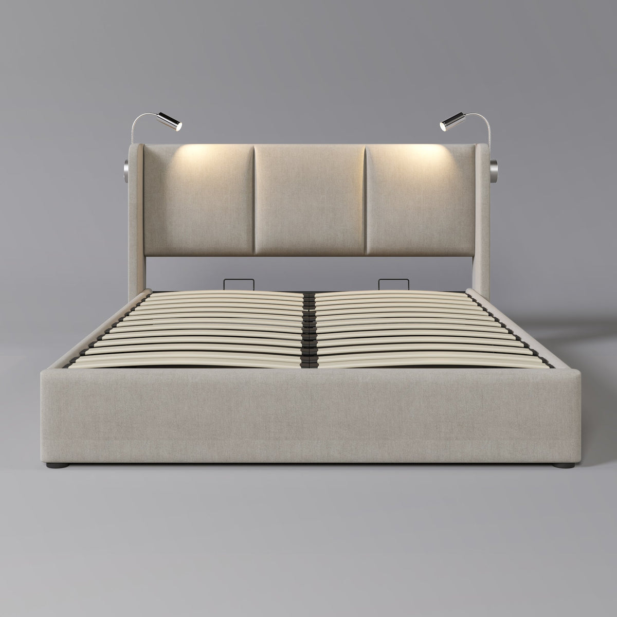 Upholstered Double Bed 160x200 Storage, USB Reading Light Headboard, Linen Material