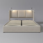 Upholstered Double Bed, 140x200 Storage USB Reading Light, Linen Material