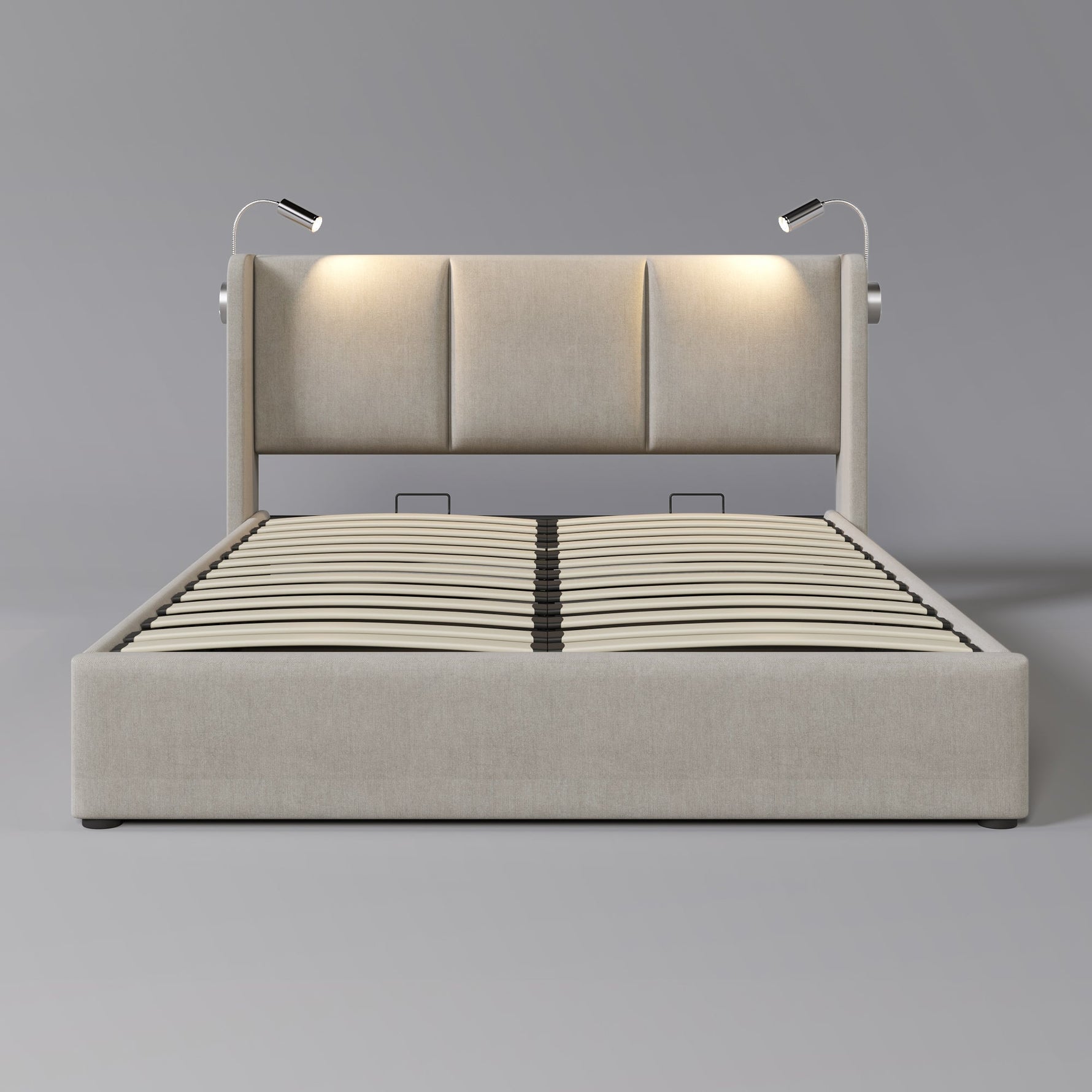 Upholstered Double Bed, 140x200 Storage USB Reading Light, Linen Material