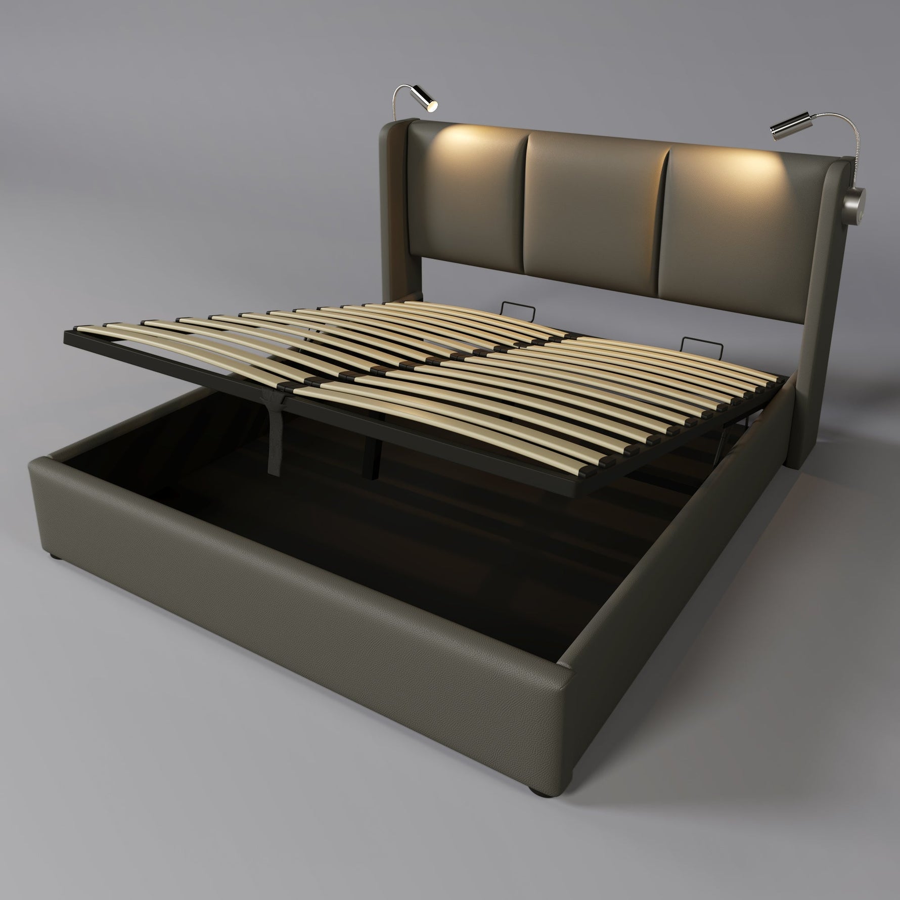 Upholstered Double Bed 140x200 Storage, USB Light, Slatted Base, PU