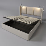 Upholstered Double Bed, 140x200 Storage USB Reading Light, Linen Material