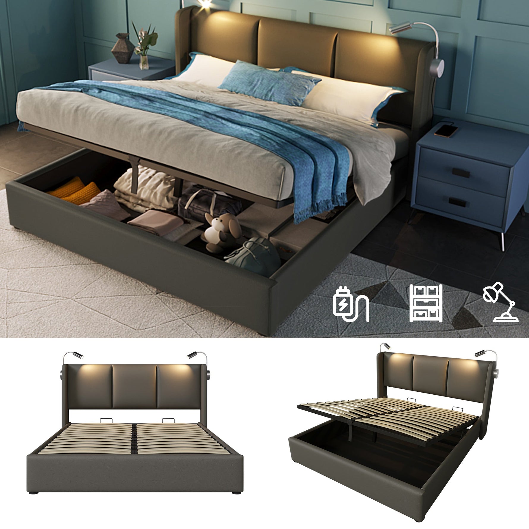 Upholstered Double Bed 160x200 Storage Reading Light Headboard PU